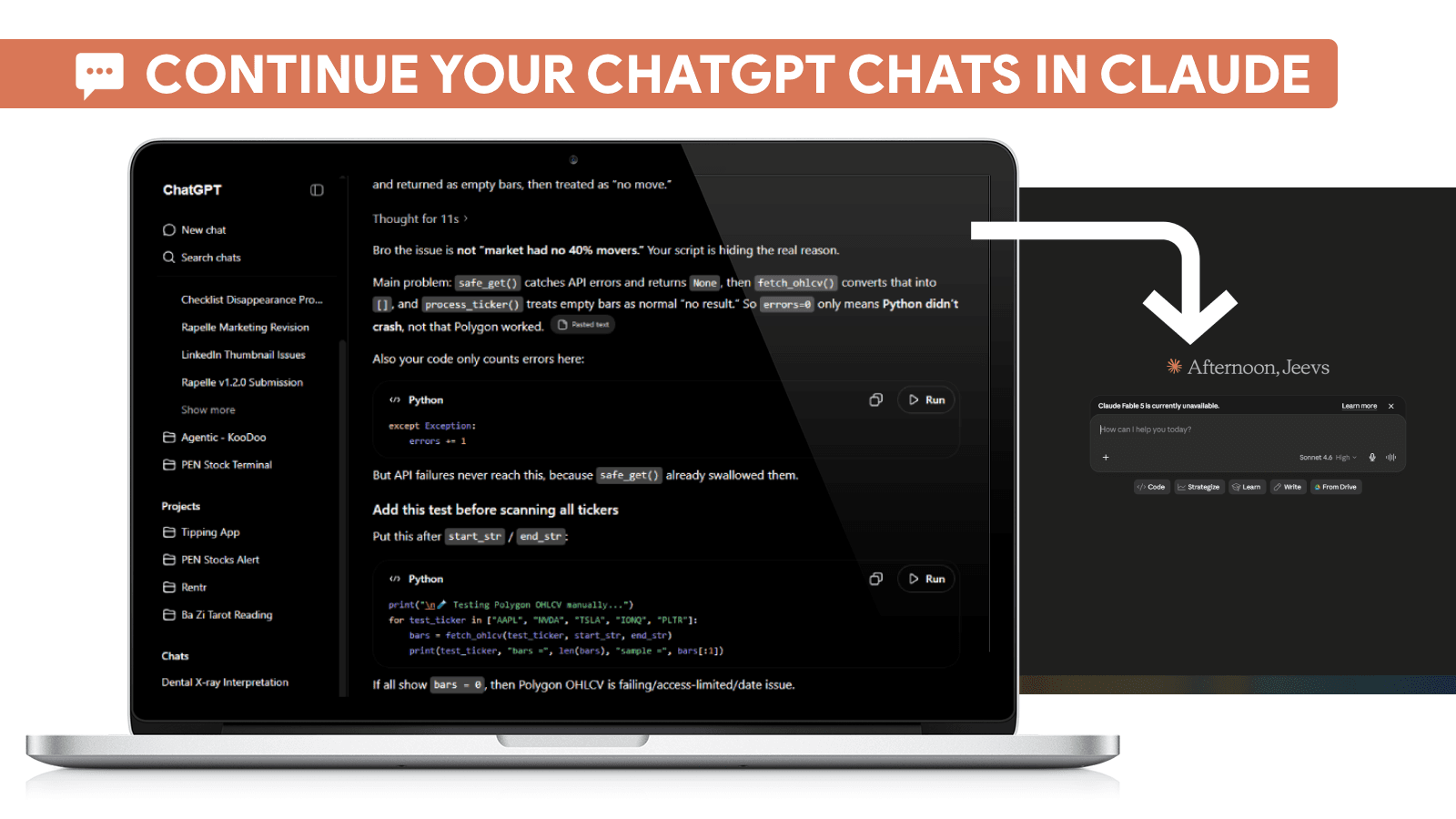 Rapelle helps continue ChatGPT and Claude conversations by saving and reloading AI project context