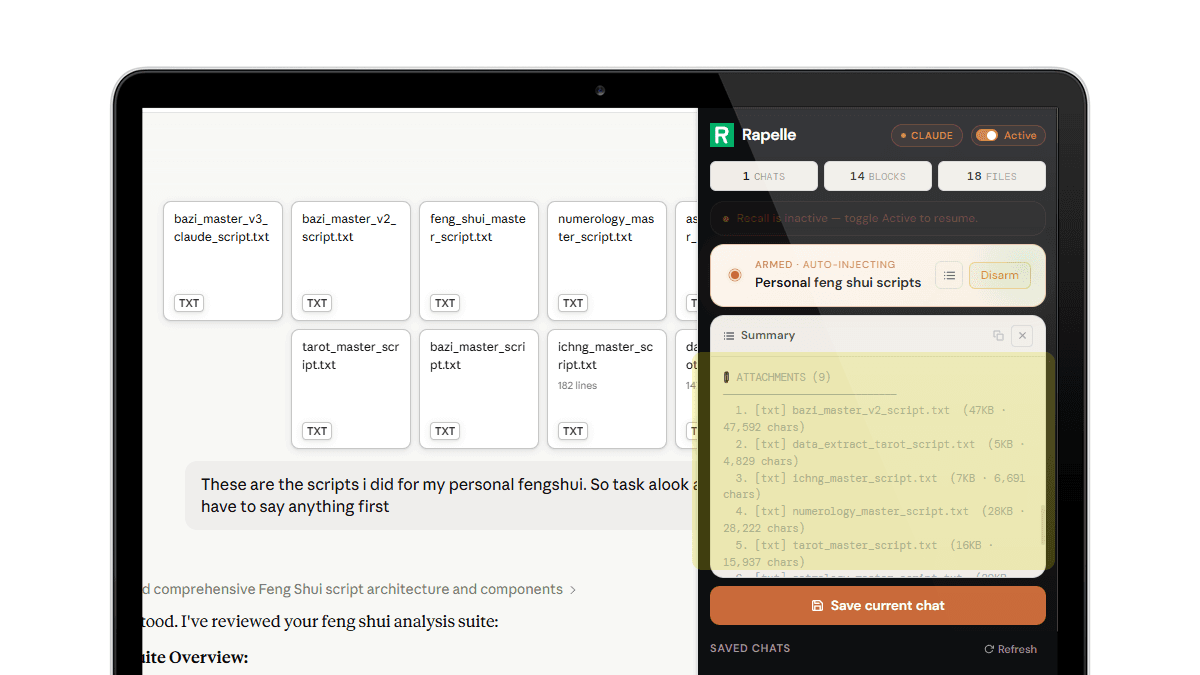 Rapelle reloads saved AI project memory into a new ChatGPT or Claude conversation