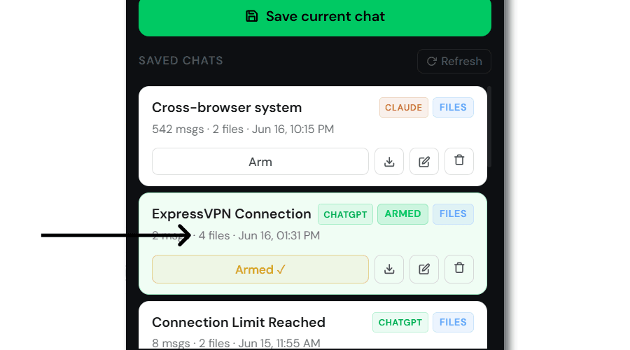 Rapelle popup showing saved chats with FILES and ARMED badges