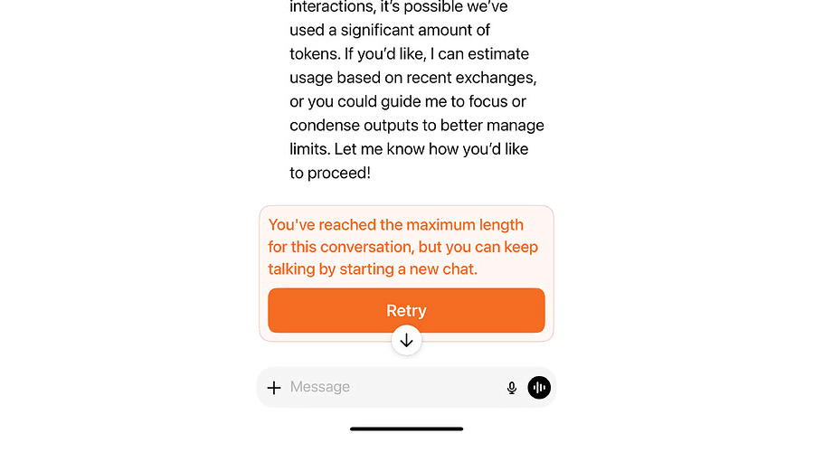 ChatGPT showing a conversation length warning — context is lost when chats are cut off